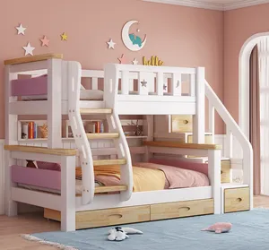 Mobiliário infantil de design moderno, cama de cozimento para armazenamento de escada com deslizamento na cinza