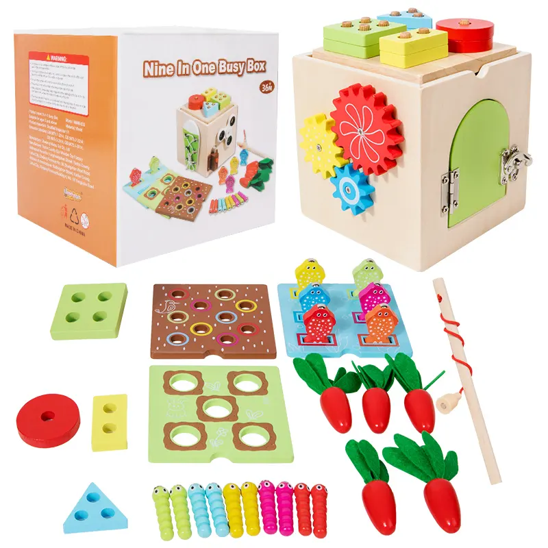 Bildung Kinder 9 in 1 multifunktionales Angeln Brett Schnürlaufschuhe Spielzeug Farbe passende hölzerne Busy Box