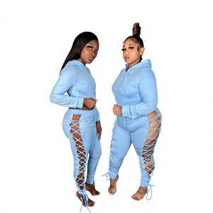 Ensemble pantalon et haut à capuche bleu pour femme, manches longues, taille haute, avec lacets, tenue de club sexy, couleur unie, en spandex et polyester, longueur complète - Product Image 2