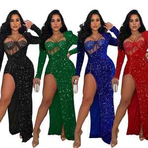 Vestido Largo Sexy con Lentejuelas y Abertura para Mujer, de Marca Famosa de Lujo, con Bordado de Diseñador, para Cena, Fiesta o Club - Product Image 1