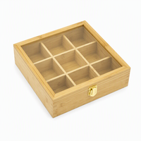 Boîte à thé rectangulaire en bois minimaliste à 9 compartiments avec couvercle transparent anti-poussière pour sachets de thé, petits accessoires et bijoux