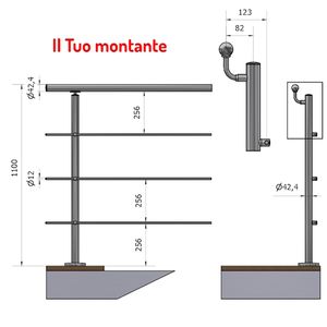 P110130-3XA4 Upright 42.4mm Offset <b>Handrail</b> for 3 Crossbeams Satin Finish AISI 316 Ground Height Fixed <b>Balustrades</b> <b>Handrails</b> - Product Image 1