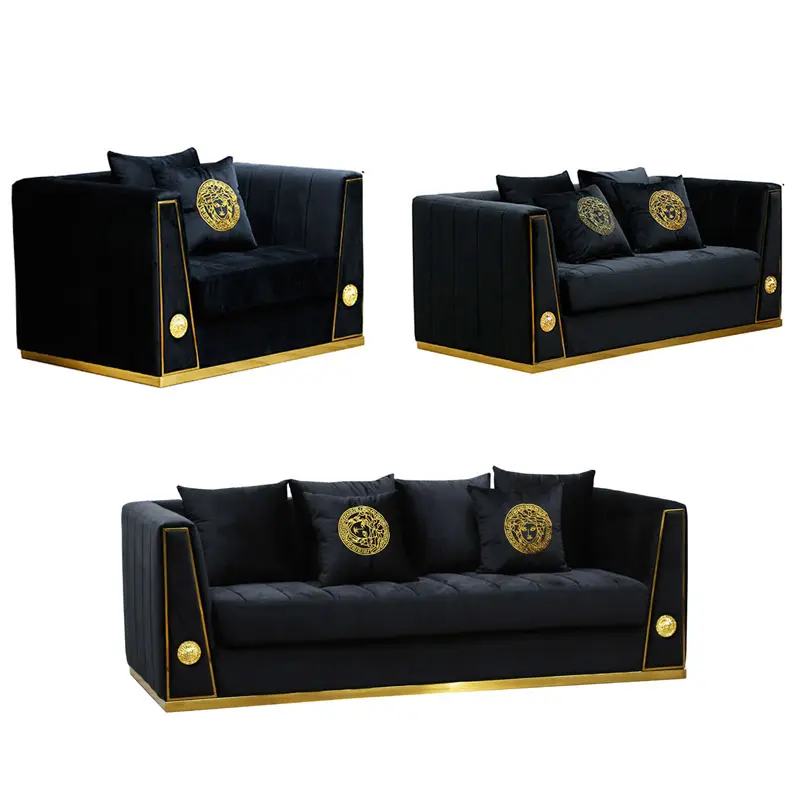 Moderne Luxe Zwart Gouden Fluwelen Bank En Love Seat Nordic Gold Bellini 3 Sectional Bank Voor Bruiloftshuismeubelset