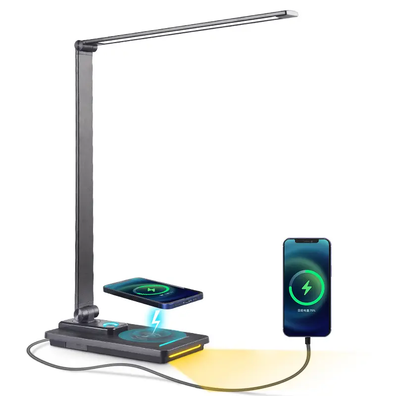 Desk Lamp With Usb Port And Outlet Dorm Qi Wireless Charger Light Led Touch Activated Black Mobile Power Lighting Portable