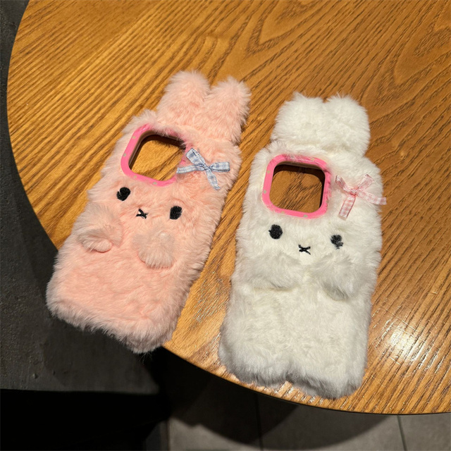 3D Cute Plush Furry Fuzzy Fluffy Cartoon Rabbit Fur Hair Phone Case for iPhone 17 16 15 14 Pro Max Wholesale Phone Accessories