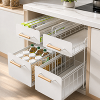 Organisateur de rangement coulissant pour armoire et comptoir, étagère à 2 niveaux en métal avec poignée en bois massif, rangement de cuisine