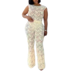 ชุดเซ็กซี่ซีทรูแขนกุดผ้าลูกไม้ยืดเข้ารูปสำหรับผู้หญิงแบบสองชิ้นแฟชั่น - Product Image 1