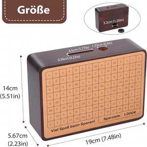 Tirelire en bois 19x5.67x14cm avec compteur pour objectif d'épargne de 1000 euros - Product Image 1