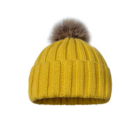 Bonnet en tricot à pompon pour femme, bonnet en acrylique épais et chaud à revers doublé polaire, couleur unie, mode automne-hiver