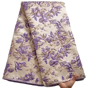 2623最新畅销紫色提花锦缎蕾丝面料非洲法语网纱蕾丝镀金材料连衣裙