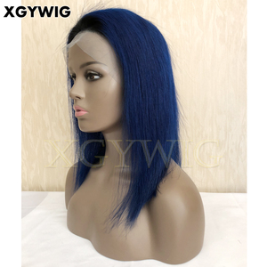 Stock Ombre Two Tone Color 100% Virgin Brazilian Human Hair T1B/<strong>Blue</strong> 12" Black Roots BOB Straight Full Lace Dark <strong>Blue</strong> <strong>Wig</strong> - Product Image 2