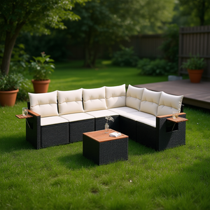 Modular Outdoor <b>Sofa</b> Set In Black Pe <b>Rattan</b> Garden Furniture With Teak Wood Accents Contemporary Design For Patio Use - Product Image 2