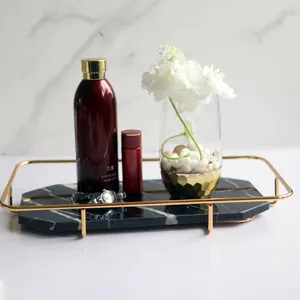 Fancy Jewelry Display Tray Serving Tray Black Table Storage Marble Tray With Metal Handle Home Hotel Decor