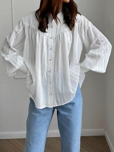 2025 Spring Summer Collection Pure Cotton French Shirt for Women Long Sleeve Simple <strong>Bubble</strong> Design <strong>Top</strong> for Europe - Product Image 2
