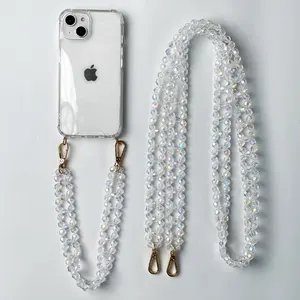 天辰热卖diy水晶珍珠珠链斜跨透明手机外壳，适用于iPhone 6 7 8 plus 11 12 13 14 pro max外壳