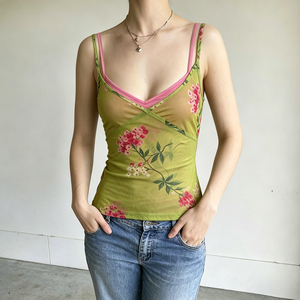 Cute Floral Sleeveless <b>Spaghetti</b> <b>Strap</b> Knitted Eco-Friendly Cami Top Two Piece Style Breathable Quick Dry Vacation Date - Product Image 4