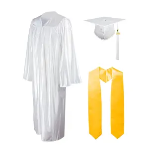 Shiny Cheap White Graduation Gown And Cap