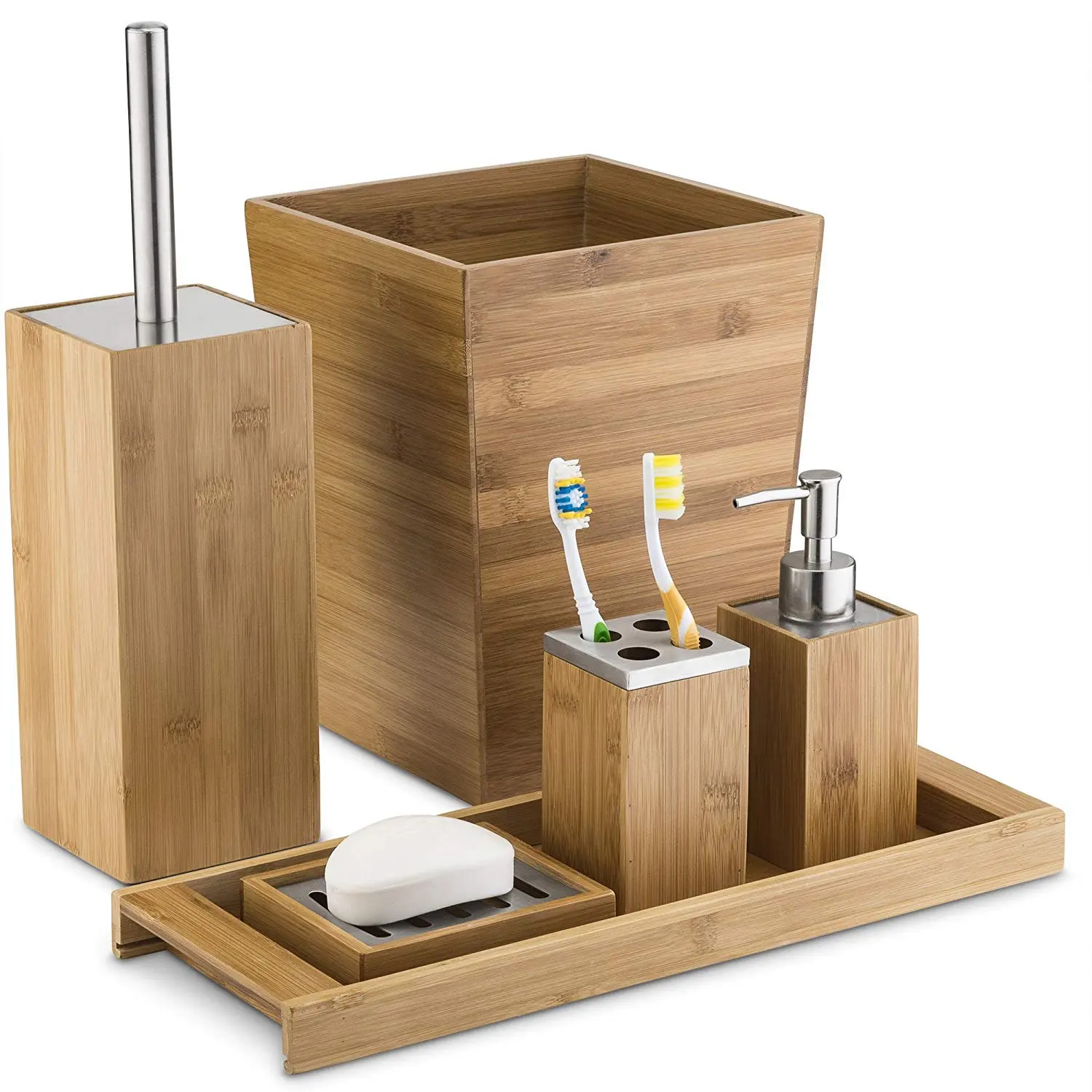 Eco-friendly wholesale bamboo household decor set 6 piece bathroom accessories set