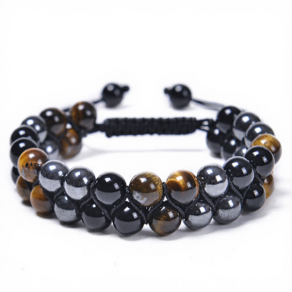 Oeil de Tigre + Aimant Noir + Bracelet Double en Verre Noir