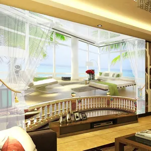 Foto Kustom Wallpaper 3D Pemandangan Laut Balkon Besar Mural Stereo Ruang Pemandangan Sofa Ruang Tamu 3D Dinding Mural Wallpaper Modern