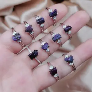 S925 sterling silver Gem Sugilite Natural Stone Raw Stone Ring For Women Healing Stone Gemstone Ring Simple Adjustable Ring