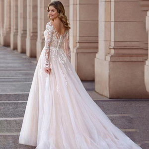 Elegant V-Neck Long Sleeve Tulle A-Line Wedding Dress With Lace Applique Natural Waistline Vintage Style - Product Image 2