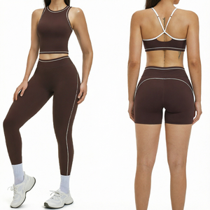 High Waist Yoga Set <b>Seamless</b> Quick Dry Breathable 2 Piece Workout Outfit Cross Back Sports Bra <b>Shorts</b> - Product Image 1