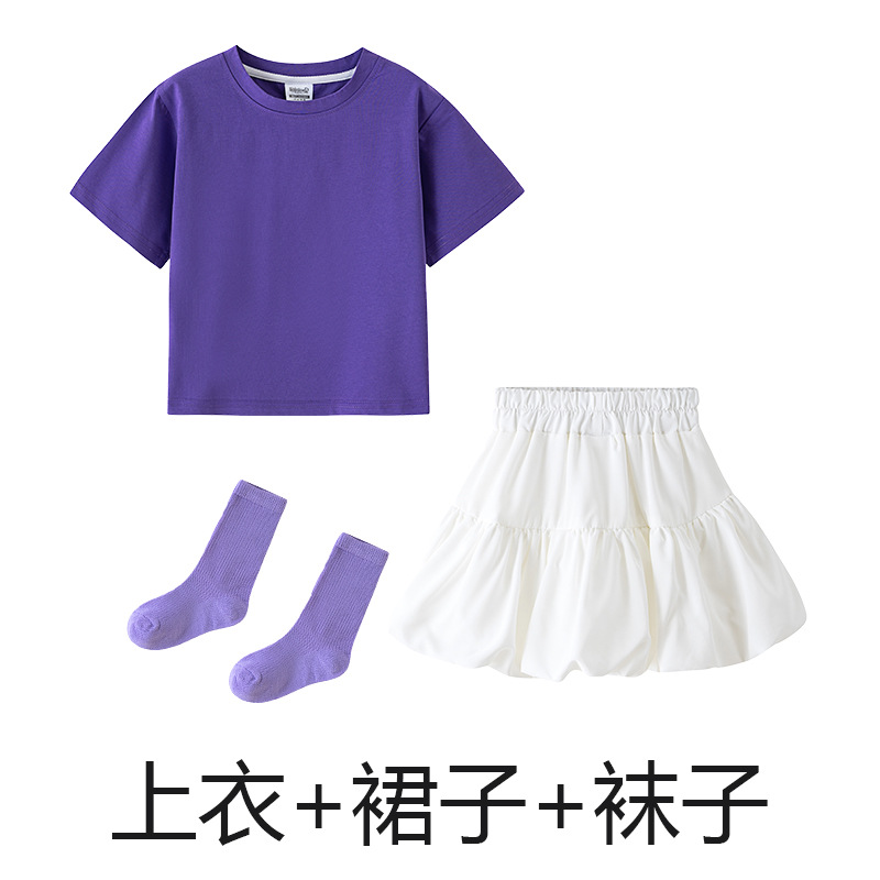 Purple T-shirt, white skirt, purple stockings