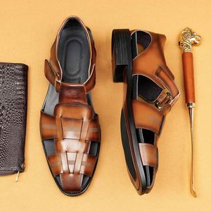 Sandalias de Verano para Hombre, Personalizadas, de Lujo, Tejidas a Mano, Transpirables, de Cuero Vacuno, Casuales de Negocios, Punta Abierta, Cierre de Velcro - Product Image 1