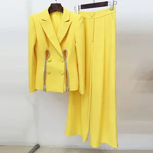 Phụ Nữ Thanh Lịch Blazer Set Kim Cương Dải Chia Phù Hợp Với Thẳng Chân Quần Hai Mảnh Kinh Doanh Mặc Trang Phục Nữ Quần Phù Hợp Với