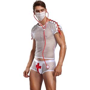 Usine directe hommes Sexy creux résille docteur Costume ensemble 3 pièces maille voir docteur jeu de rôle Lingerie pour Halloween - Product Image 2