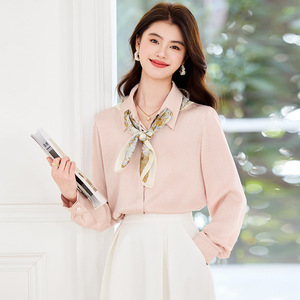 Women's White Long Sleeve Shirt With Silk Scarf Button Down Work Blouse Solid Color Polyester Fabric - Product Image 3