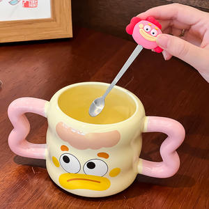 Mug en céramique avec couvercle et cuillère, tasse individuelle pour café, lait, eau, usage domestique, cadeau, été 2024 - Product Image 1