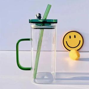 Botella de vidrio cuadrada con asa, de alta calidad para el hogar, con pajita, resistente al calor, de fondo plano, apta para calentar. - Product Image 3
