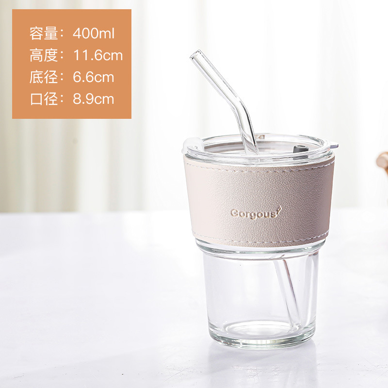 Transparent Cup Body + White Cup Cover + Lid + Straw