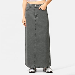 Gonna Lunga in Denim Vintage Nera e Grigia per Donna, Gonna in <span class=keywords><strong>Jeans</strong></span> Streetwear, Gonne in Denim da Donna - Product Image 1