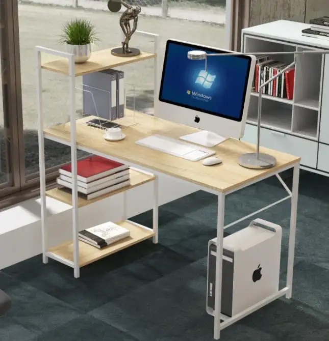 Mesa de muebles de nuevo diseño, escritorio de ordenador de oficina en casa en forma de L plano multiusos con estantes, muebles