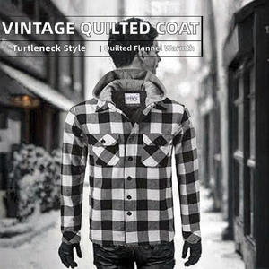 Customized Long Sleeve Quilted <b>Flannel</b> Shirt Vintage Style Hood Winter Men's <b>Jacket</b> Turtleneck Collar Raised Rubber Print - Product Image 2