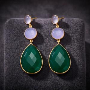 Pendientes Colgantes de Latón Hechos a Mano con Piedras Preciosas y Corte Esmeralda, Estilo Étnico para Fiestas - Product Image 3