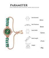 Jam Tangan Wanita Mewah Elegan dengan Dial Emas Kecil, Hiasan Daun Zaitun Hijau Berkilau, Tali Jam Bertabur Rhinestone, Analog, Tipis, untuk Acara Formal