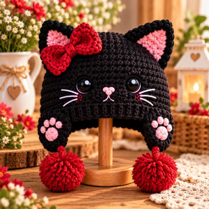 Bonnet en tricot orange fait main avec oreilles de chat au crochet, patte décorative et pompon pour bébés et enfants - Product Image 2
