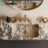 Vasque murale flottante en marbre naturel StoneSun Calacatta Viola, rainurée, faite à la main, pour salle de bain de villa