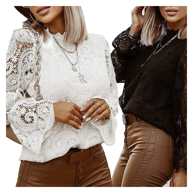 Hot sale Stand Collar Long Sleeves Baggy Tops Fashion Loose Hollow Out Lace Shirt Solid Color