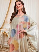 Kaftan Marocain Ample à Manches Chauve-Souris Brodé de Fleurs à Paillettes sur le Devant, Adapté aux 4 Saisons
