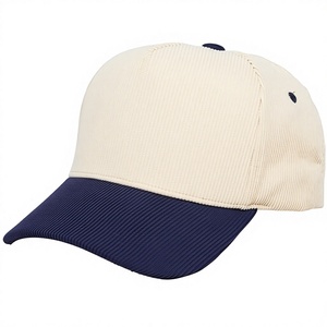 Casquette de baseball en velours côtelé bicolore avec logo personnalisé, 5 panneaux, crème et bleu marine, style vintage, casquette de sport de haute qualité, casquettes trucker vierges en velours côtelé - Product Image 1
