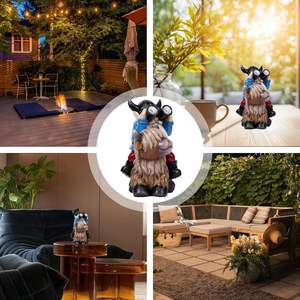 Decorazione divertente all'aperto statua in resina gnomo seduto sulle luci solari della mucca Highland - Product Image 5