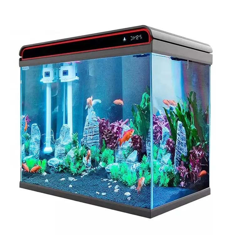 حوض أسماك زجاجي صغير مستطيل من الأكريليك مزود بمصباح ليد وإضاءة متناثرة حوض سمك جيلي مزود بشاشة رقمية
