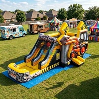 Structure gonflable commerciale de construction pour enfants : Maison de jeu, excavatrice, bulldozer et toboggan combinés pour les anniversaires de garçons et la location événementielle