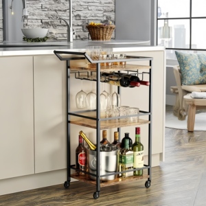 Precio al por mayor, marco de metal de <span class=keywords><strong>3</strong></span> niveles multiusos y tablero de MDF, soporte de carro de barra con ruedas con estante de vino para whisky y vino - Product Image 1