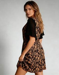 Women's <b>Plus</b> <b>Size</b> <b>Leopard</b> <b>Print</b> <b>Dress</b> - Beige Deep V Neck Wrap <b>Dress</b> with Sheer Black Sleeves - A-Line High Waist Mini <b>Dress</b> - Product Image 4